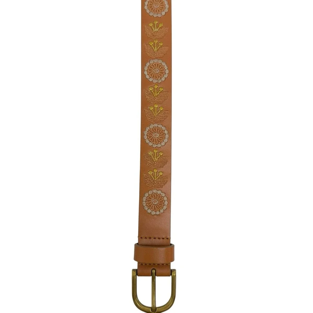 Lucky Brand Women’s Medium Golden Floral Embroidered 100% Leather Brown Belt NWT